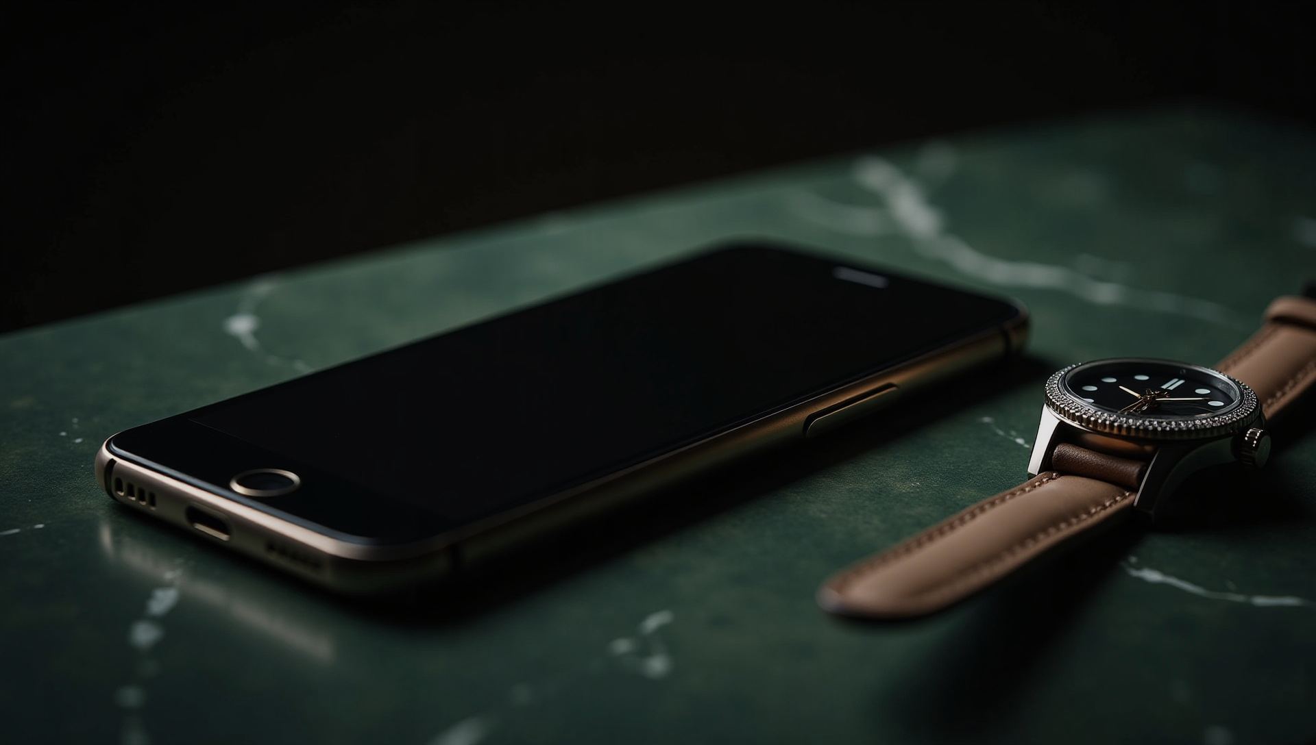 A smartphone lying face down on dark marble beside a wristwatch