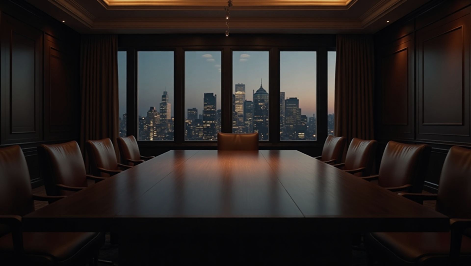 An empty boardroom with a long dark table and evening city lights