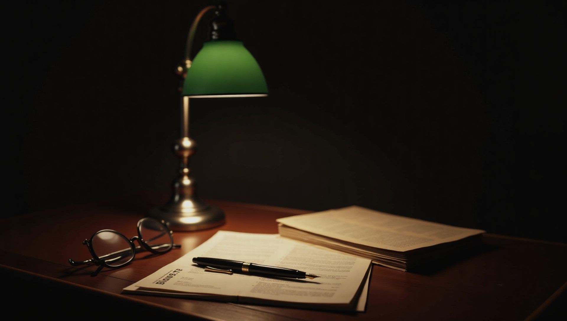 A fountain pen on documents beside a banker's lamp on a mahogany desk