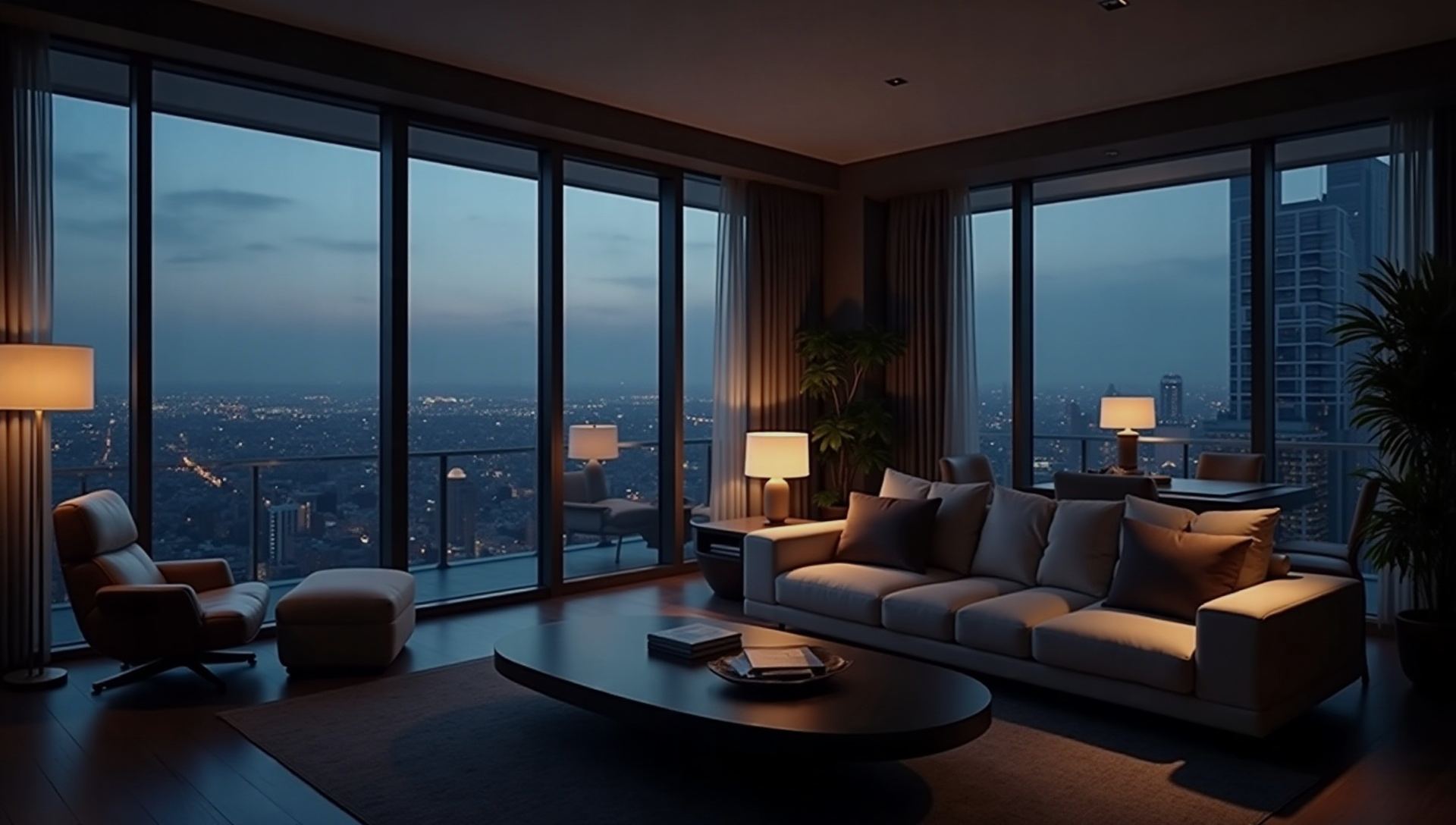 A penthouse living room at dusk overlooking a distant city skyline